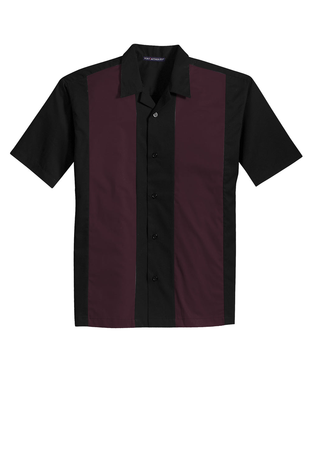 Mens Retro Easy Care Wrinkle Resistant Short Sleeve Button Down Camp Shirt - Black/Burgundy - Closeout