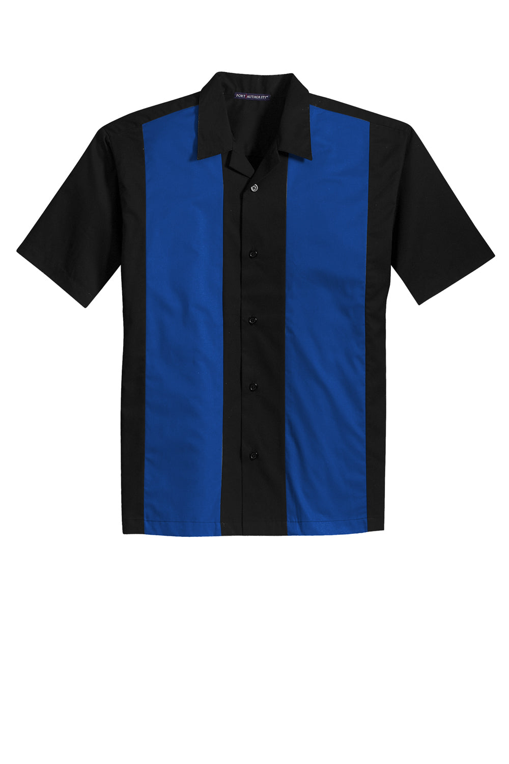 Mens Retro Easy Care Wrinkle Resistant Short Sleeve Button Down Camp Shirt - Black/Royal Blue - Closeout