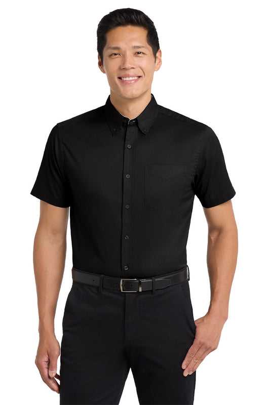 Mens Easy Care Wrinkle Resistant Short Sleeve Button Down Shirt w/ Pocket - Black/Light Stone