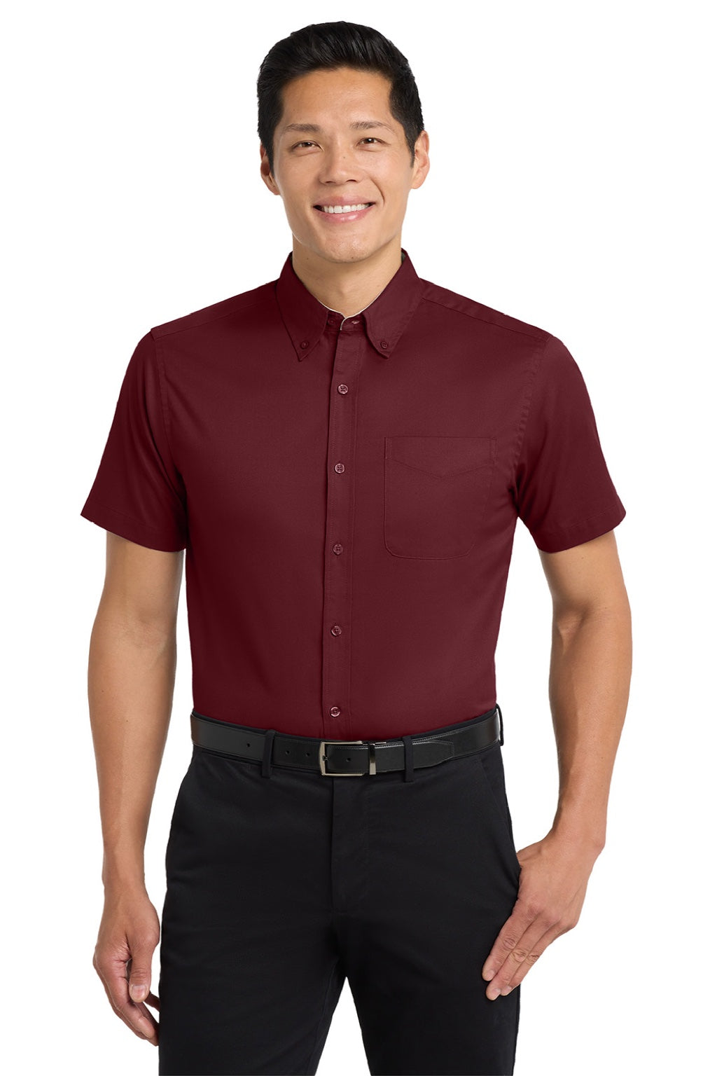 Mens Easy Care Wrinkle Resistant Short Sleeve Button Down Shirt w/ Pocket - Burgundy/Light Stone