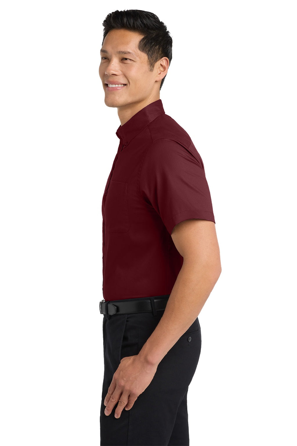 Mens Easy Care Wrinkle Resistant Short Sleeve Button Down Shirt w/ Pocket - Burgundy/Light Stone