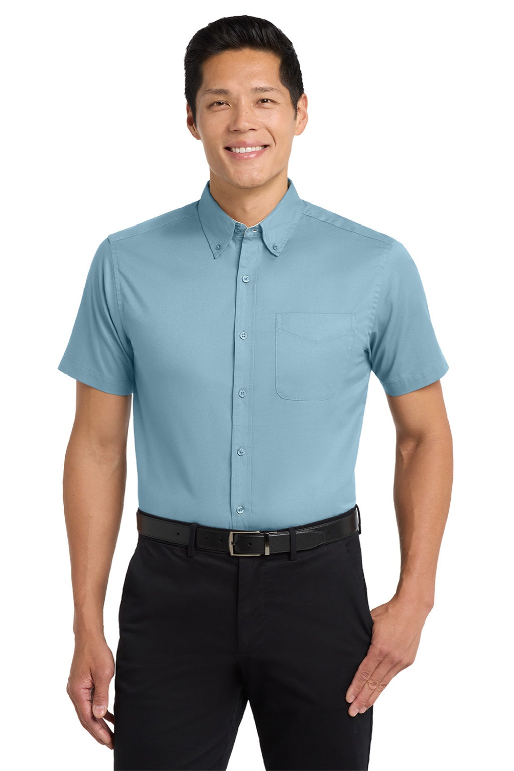 Mens Easy Care Wrinkle Resistant Short Sleeve Button Down Shirt w/ Pocket - Light Blue/Light Stone