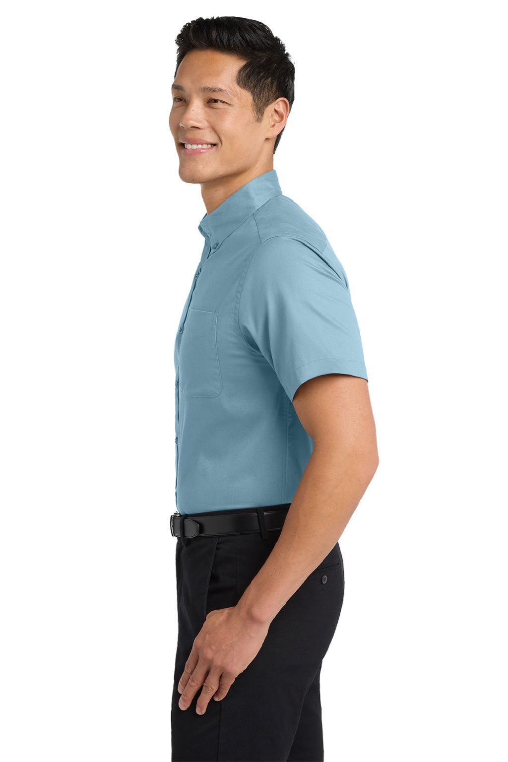 Mens Easy Care Wrinkle Resistant Short Sleeve Button Down Shirt w/ Pocket - Light Blue/Light Stone