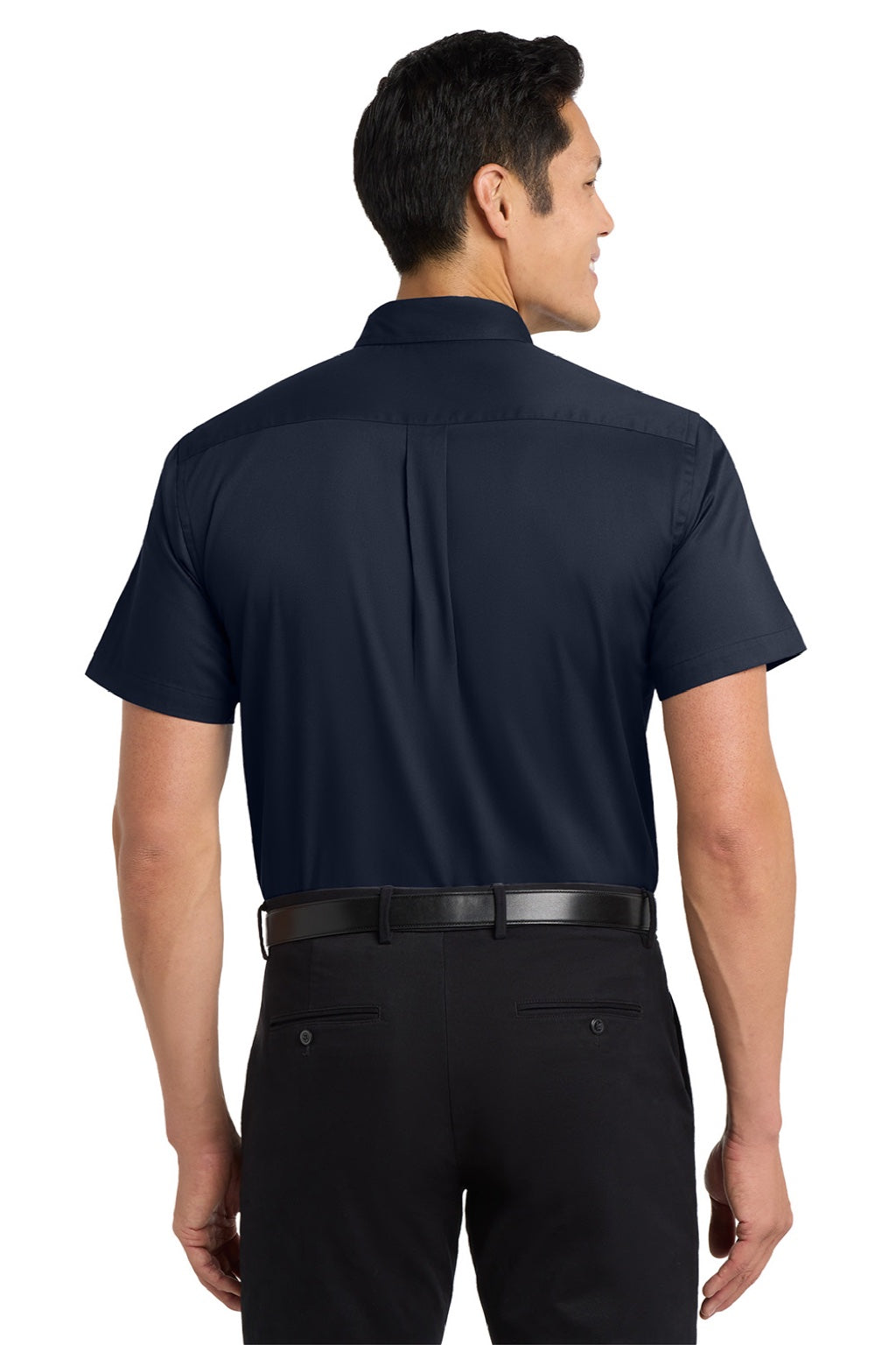 Mens Easy Care Wrinkle Resistant Short Sleeve Button Down Shirt w/ Pocket - Navy Blue/Light Stone