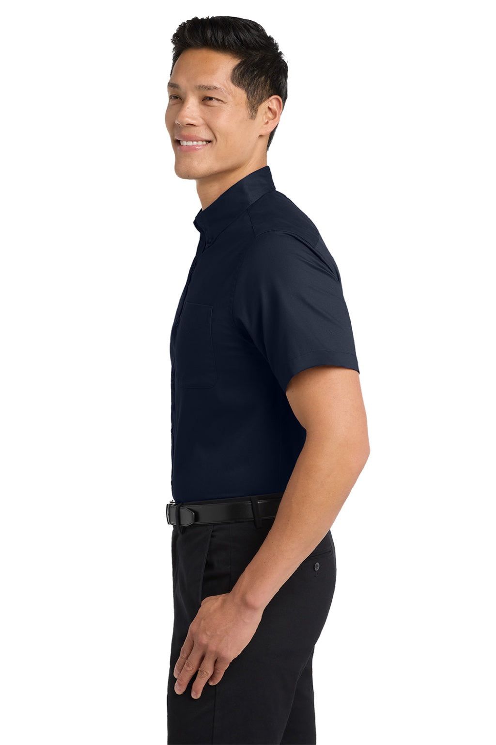 Mens Easy Care Wrinkle Resistant Short Sleeve Button Down Shirt w/ Pocket - Navy Blue/Light Stone
