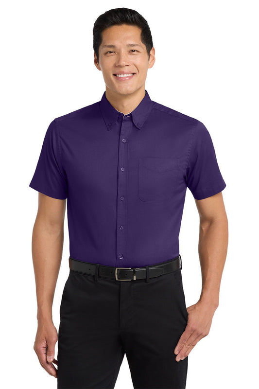 Mens Easy Care Wrinkle Resistant Short Sleeve Button Down Shirt w/ Pocket - Purple/Light Stone