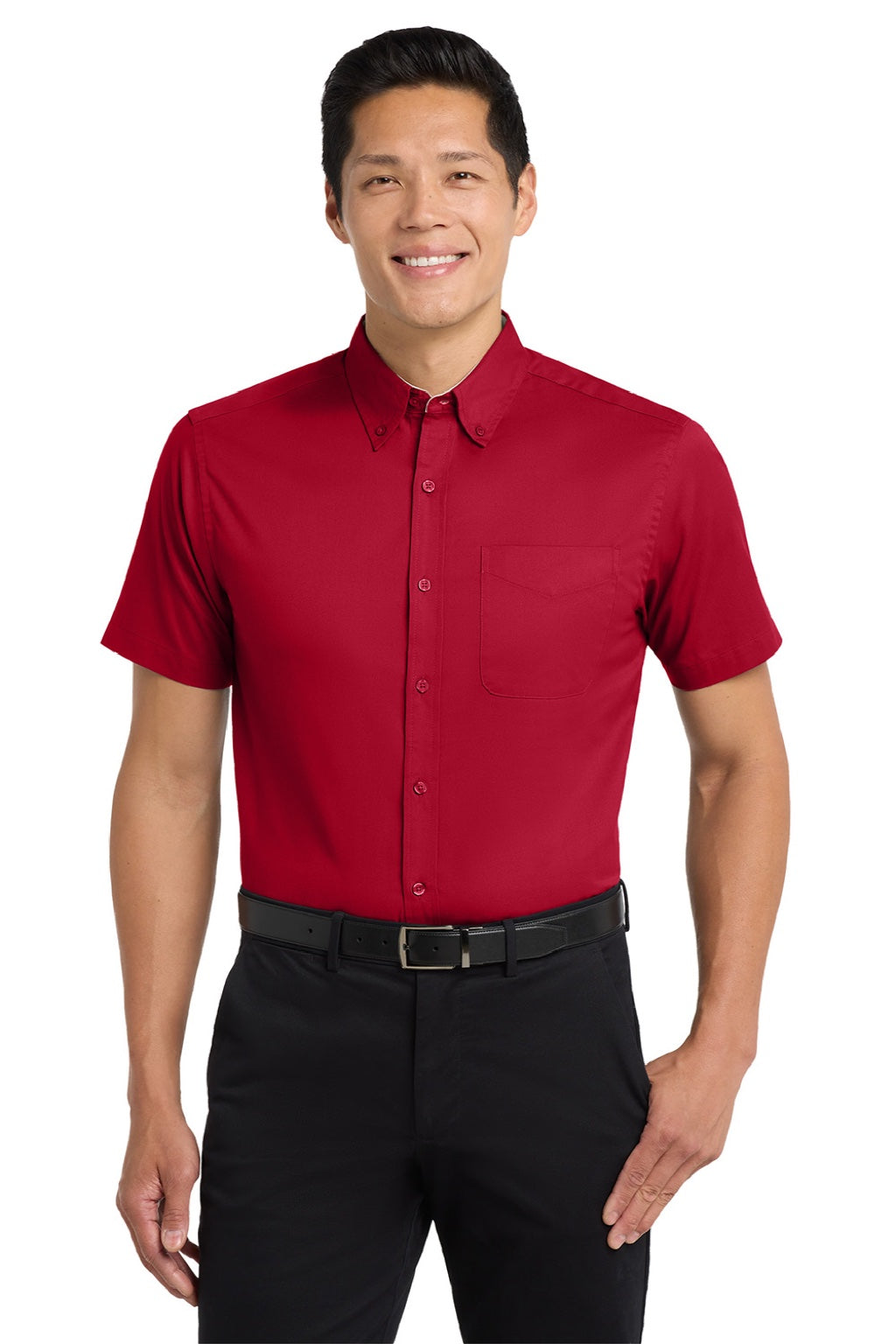 Mens Easy Care Wrinkle Resistant Short Sleeve Button Down Shirt w/ Pocket - Red/Light Stone