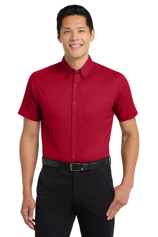 Mens Easy Care Wrinkle Resistant Short Sleeve Button Down Shirt w/ Pocket - Red/Light Stone