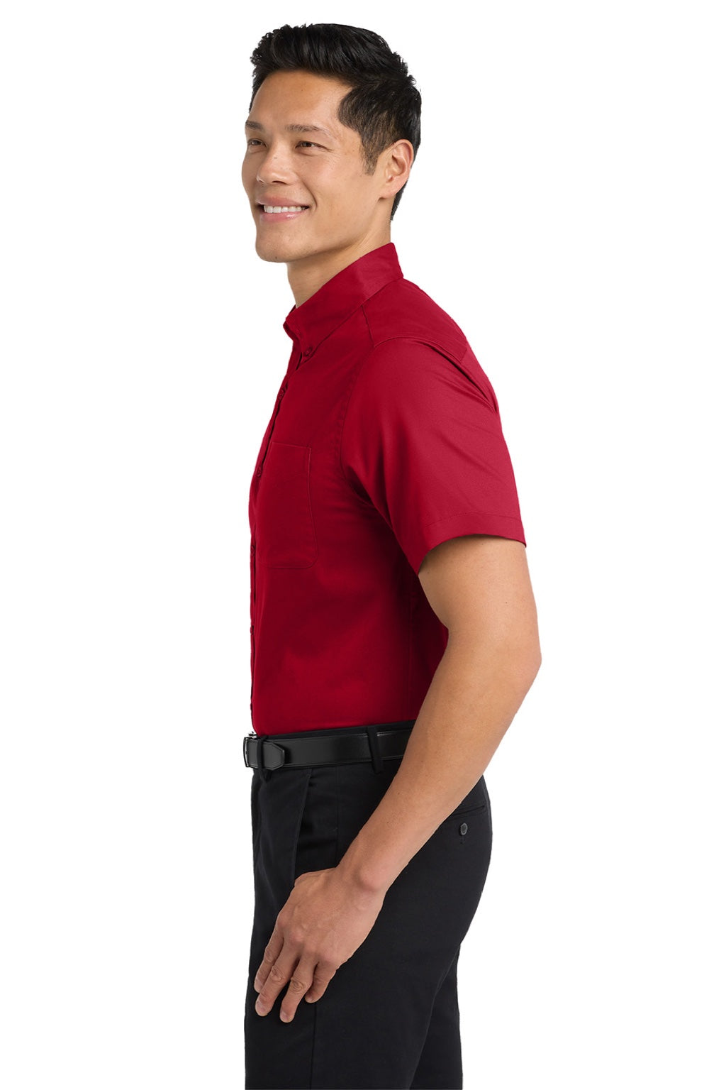 Mens Easy Care Wrinkle Resistant Short Sleeve Button Down Shirt w/ Pocket - Red/Light Stone