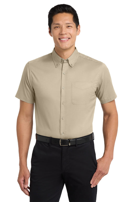 Mens Easy Care Wrinkle Resistant Short Sleeve Button Down Shirt w/ Pocket - Stone Brown