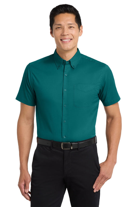 Mens Easy Care Wrinkle Resistant Short Sleeve Button Down Shirt w/ Pocket - Teal Green