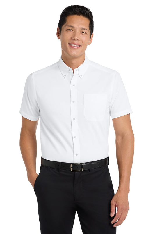 Mens Easy Care Wrinkle Resistant Short Sleeve Button Down Shirt w/ Pocket - White/Light Stone