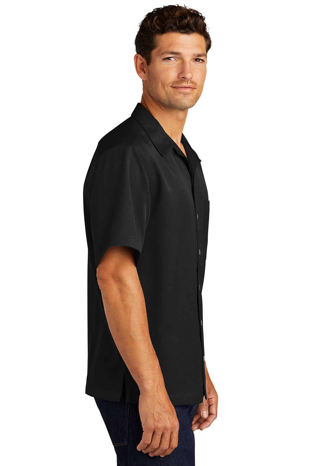 Mens Easy Care Stain Resistant Short Sleeve Button Down Camp Shirt w/ Pocket - Black