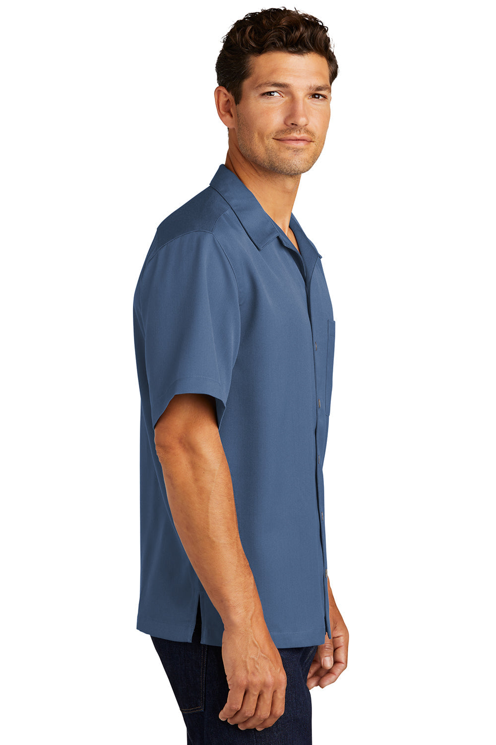 Mens Easy Care Stain Resistant Short Sleeve Button Down Camp Shirt w/ Pocket - Blue