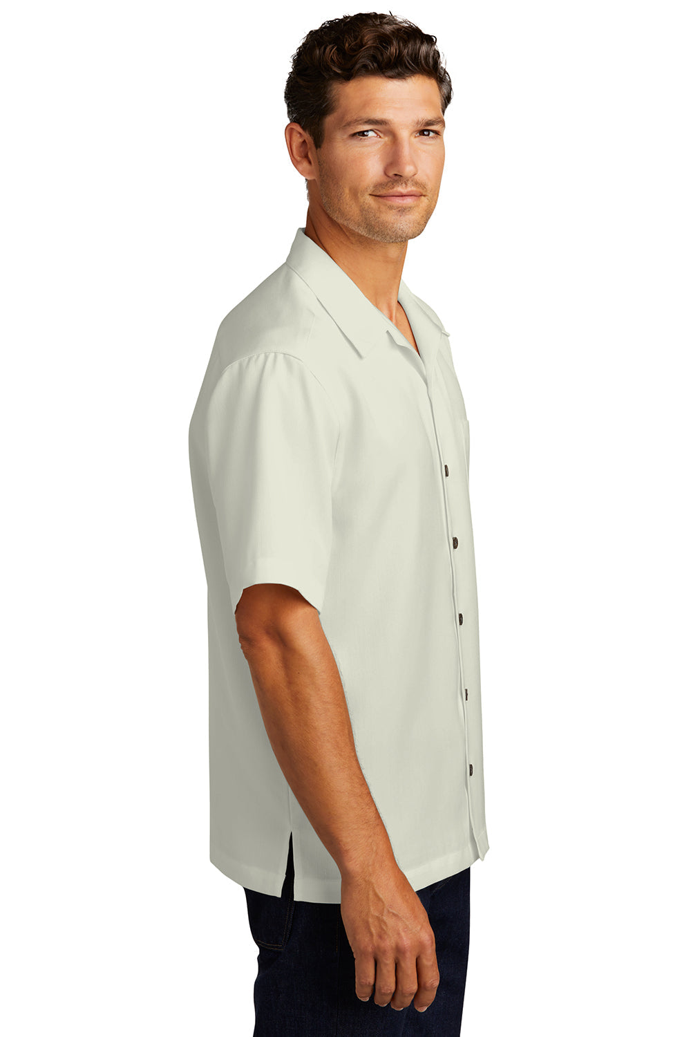 Mens Easy Care Stain Resistant Short Sleeve Button Down Camp Shirt w/ Pocket - Ivory