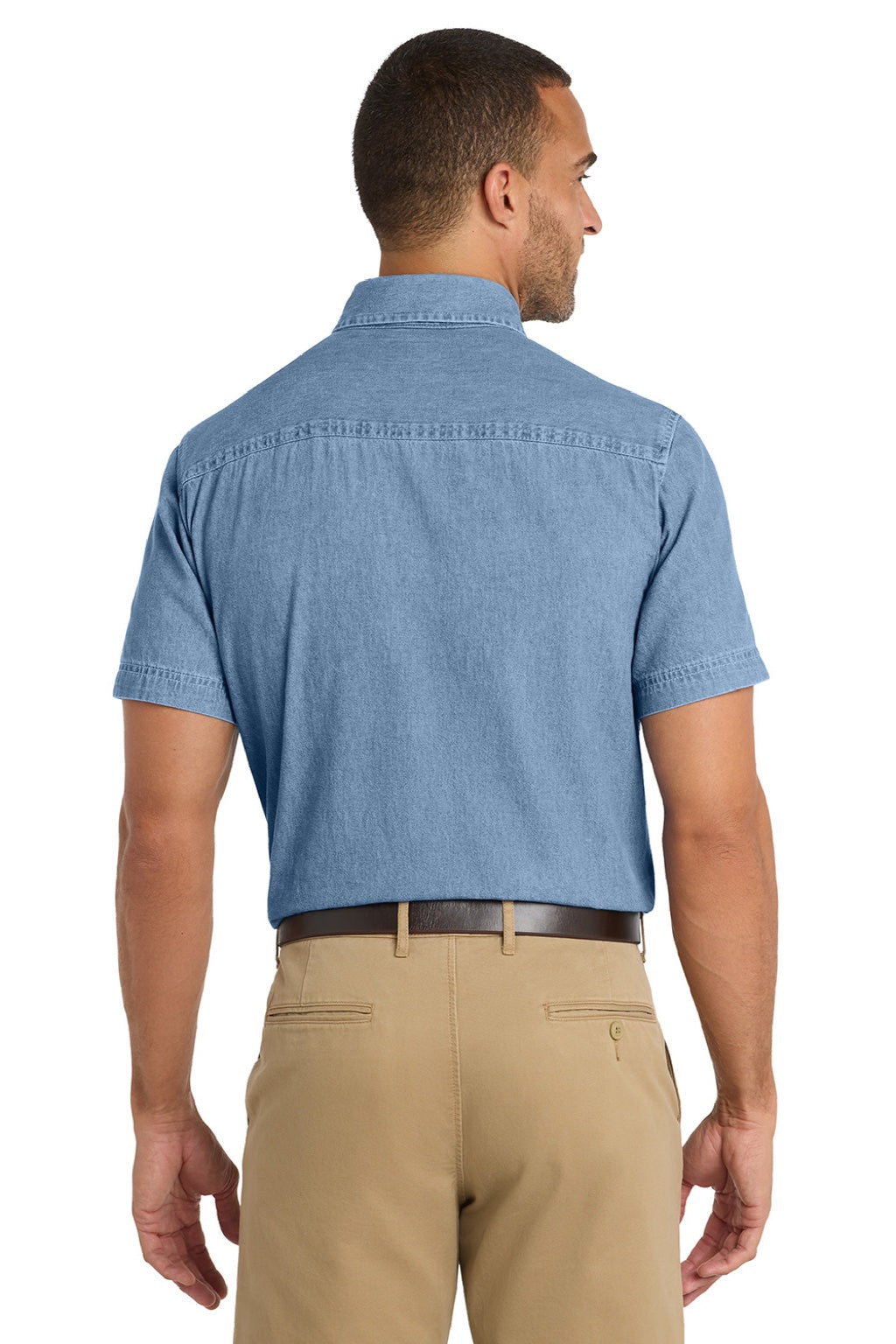 Mens Denim Short Sleeve Button Down Shirt w/ Pocket - Faded Blue