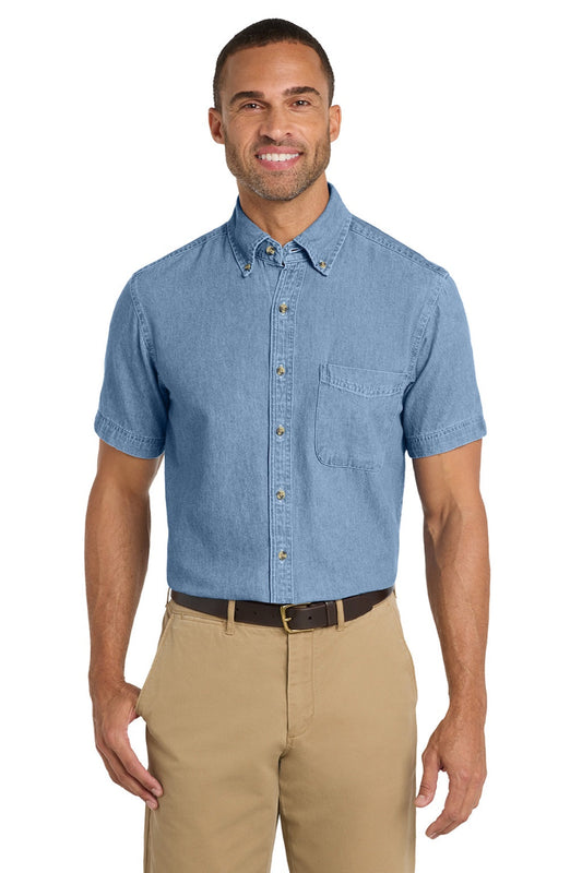 Mens Denim Short Sleeve Button Down Shirt w/ Pocket - Faded Blue