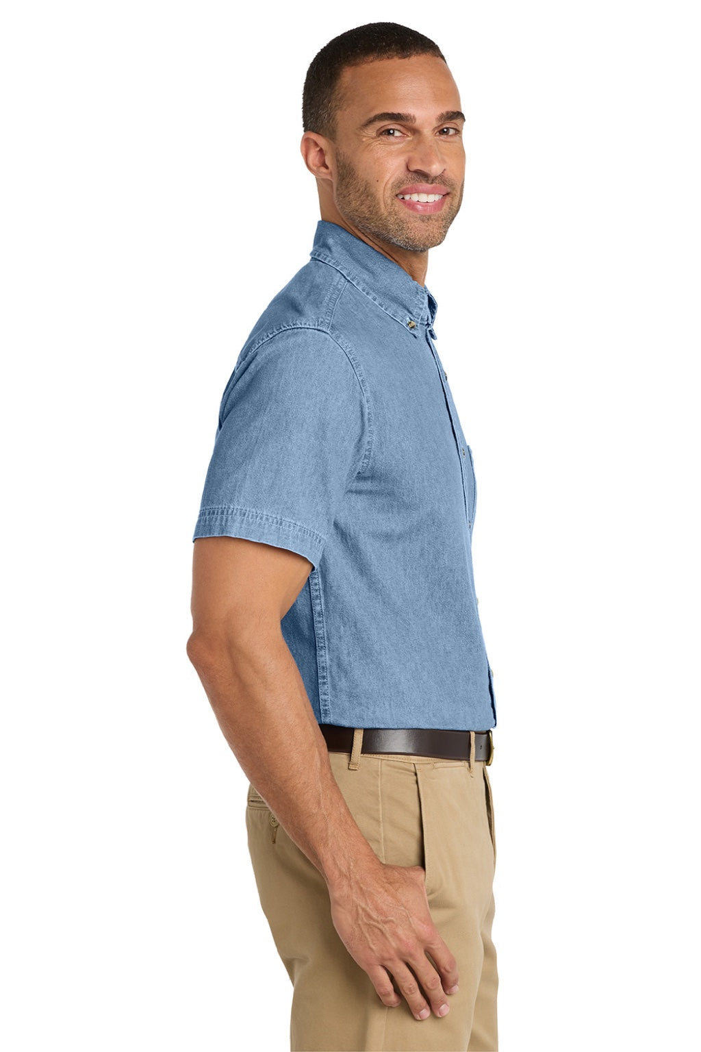 Mens Denim Short Sleeve Button Down Shirt w/ Pocket - Faded Blue