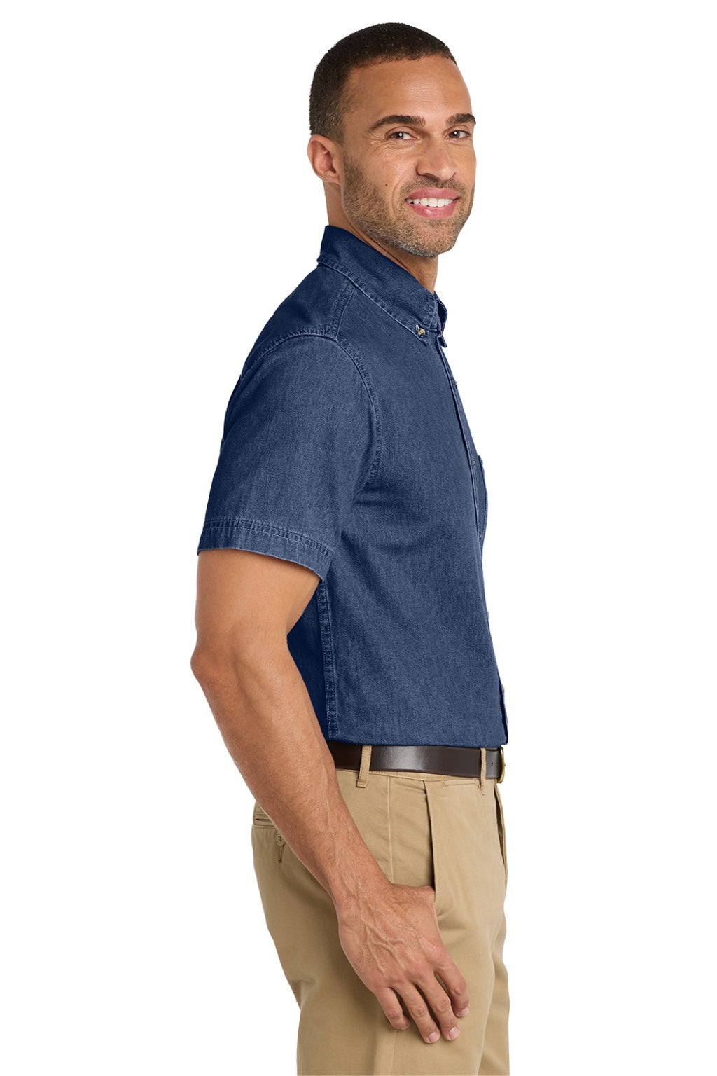 Mens Denim Short Sleeve Button Down Shirt w/ Pocket - Ink Blue