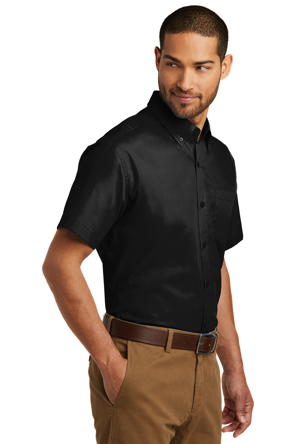 Mens Carefree Stain Resistant Short Sleeve Button Down Shirt w/ Pocket - Deep Black