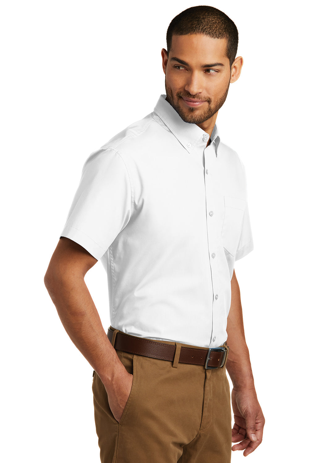 Mens Carefree Stain Resistant Short Sleeve Button Down Shirt w/ Pocket - White