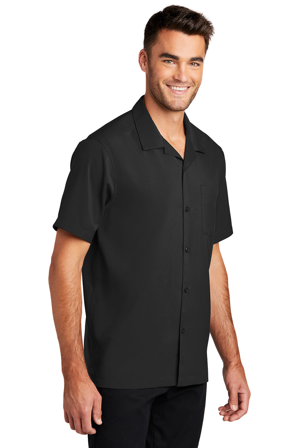 Mens Performance Moisture Wicking Short Sleeve Button Down Camp Shirt w/ Pocket - Black