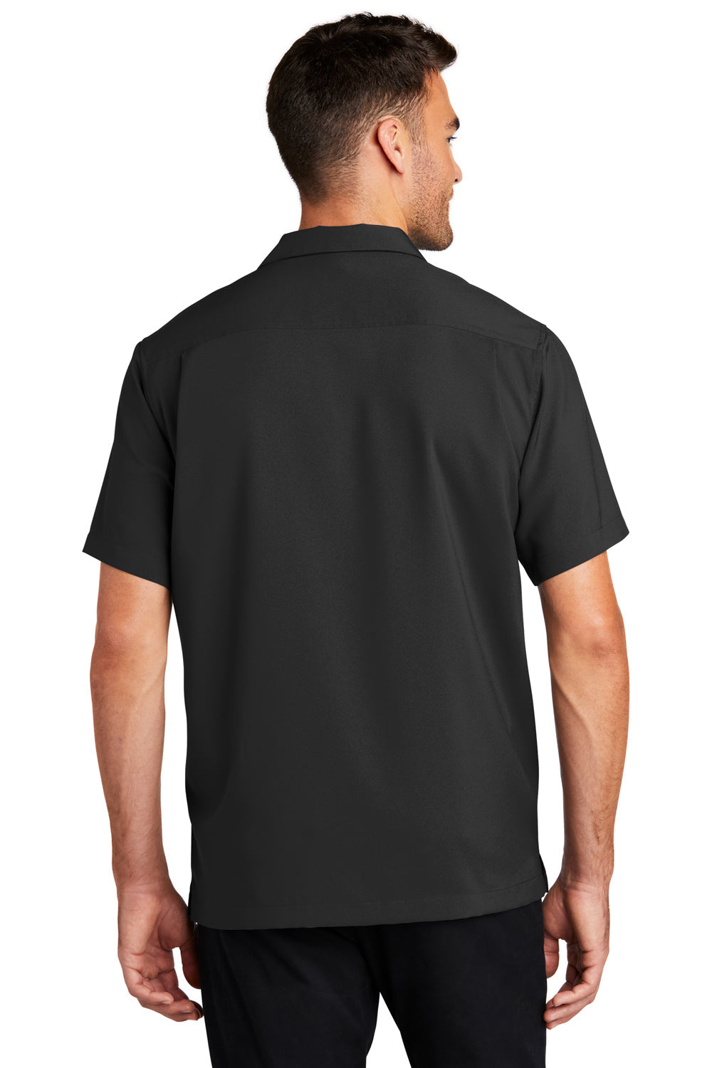Mens Performance Moisture Wicking Short Sleeve Button Down Camp Shirt w/ Pocket - Black