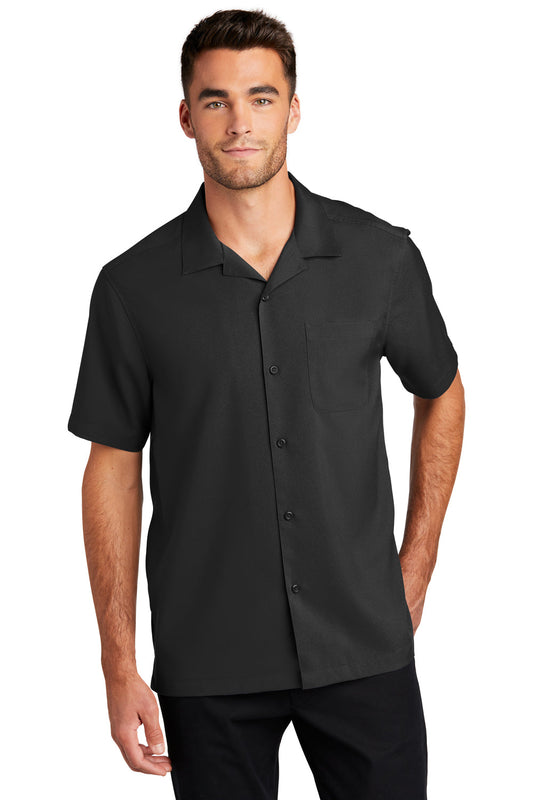 Mens Performance Moisture Wicking Short Sleeve Button Down Camp Shirt w/ Pocket - Black