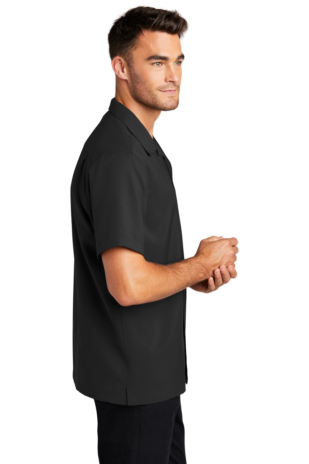 Mens Performance Moisture Wicking Short Sleeve Button Down Camp Shirt w/ Pocket - Black