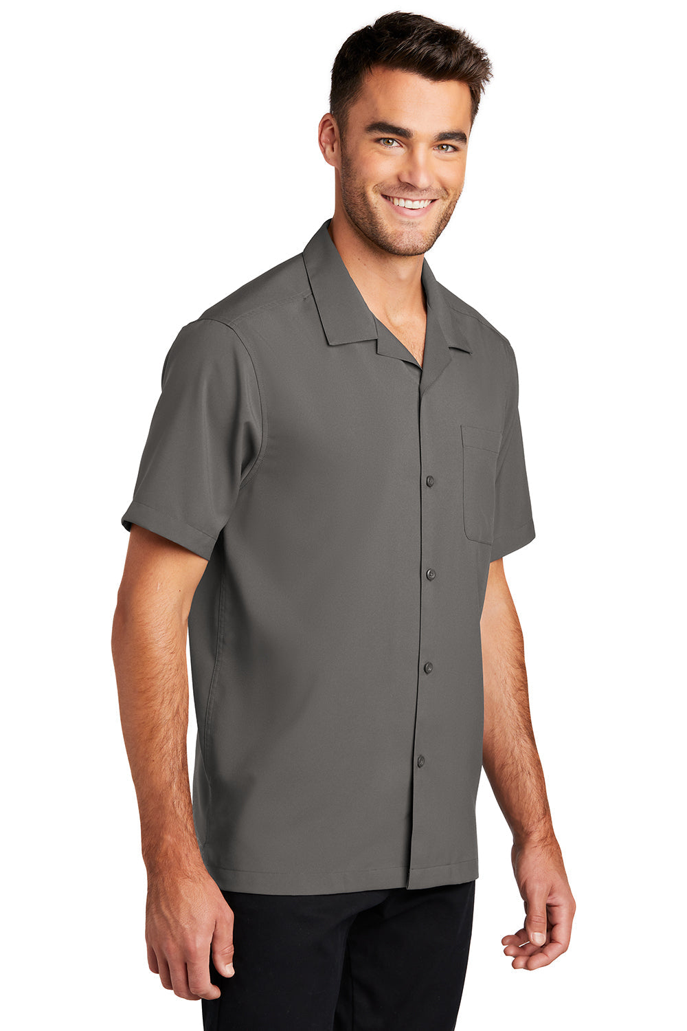 Mens Performance Moisture Wicking Short Sleeve Button Down Camp Shirt w/ Pocket - Graphite Grey