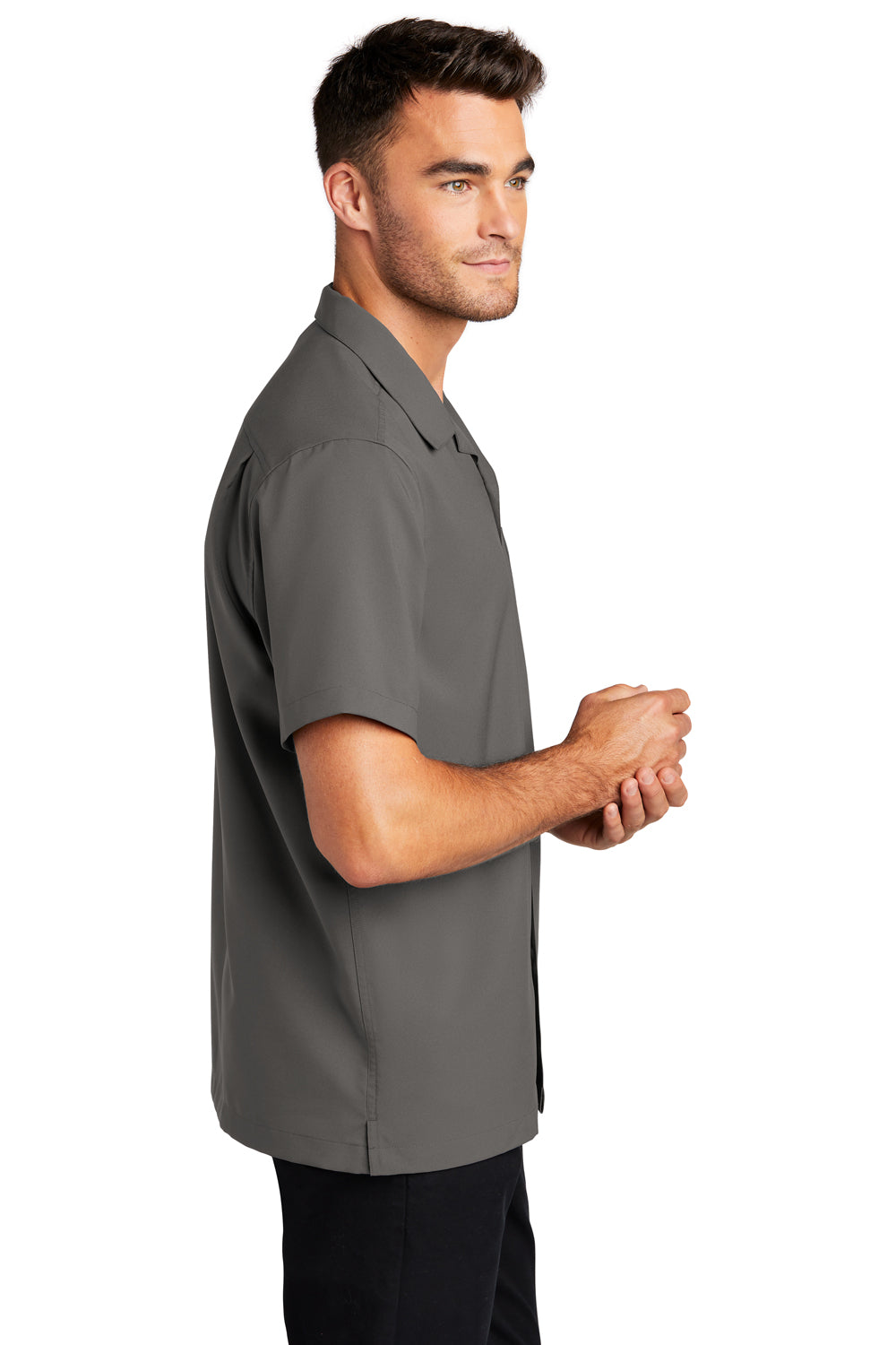 Mens Performance Moisture Wicking Short Sleeve Button Down Camp Shirt w/ Pocket - Graphite Grey