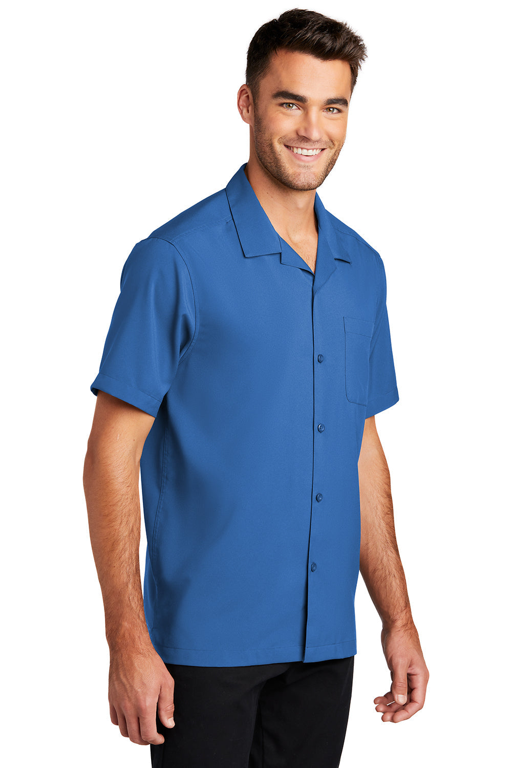 Mens Performance Moisture Wicking Short Sleeve Button Down Camp Shirt w/ Pocket - True Blue