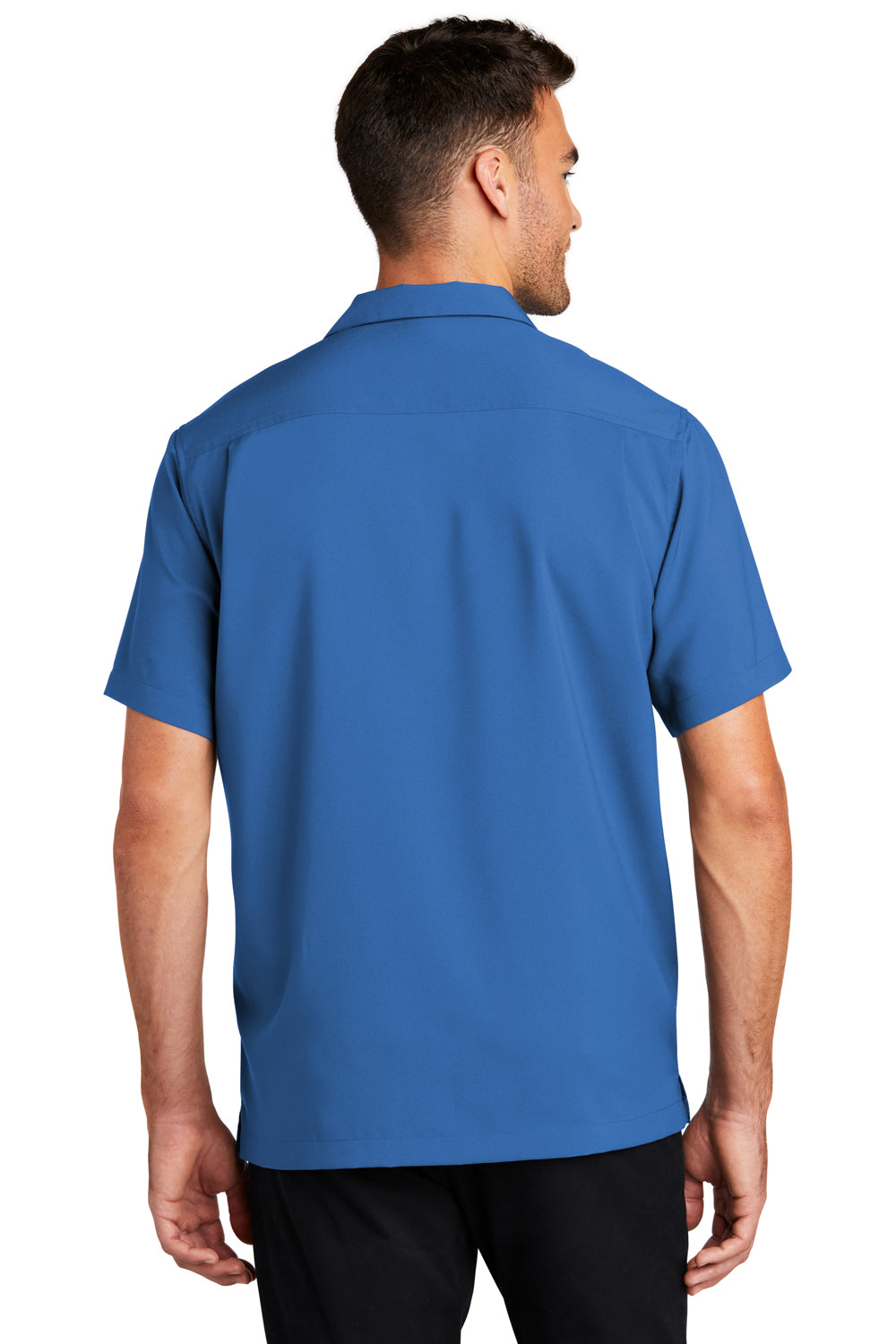 Mens Performance Moisture Wicking Short Sleeve Button Down Camp Shirt w/ Pocket - True Blue