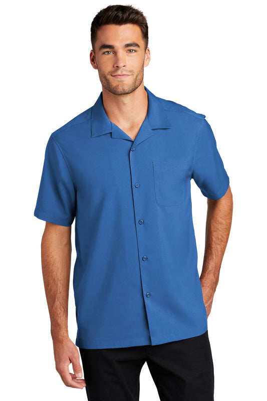 Mens Performance Moisture Wicking Short Sleeve Button Down Camp Shirt w/ Pocket - True Blue