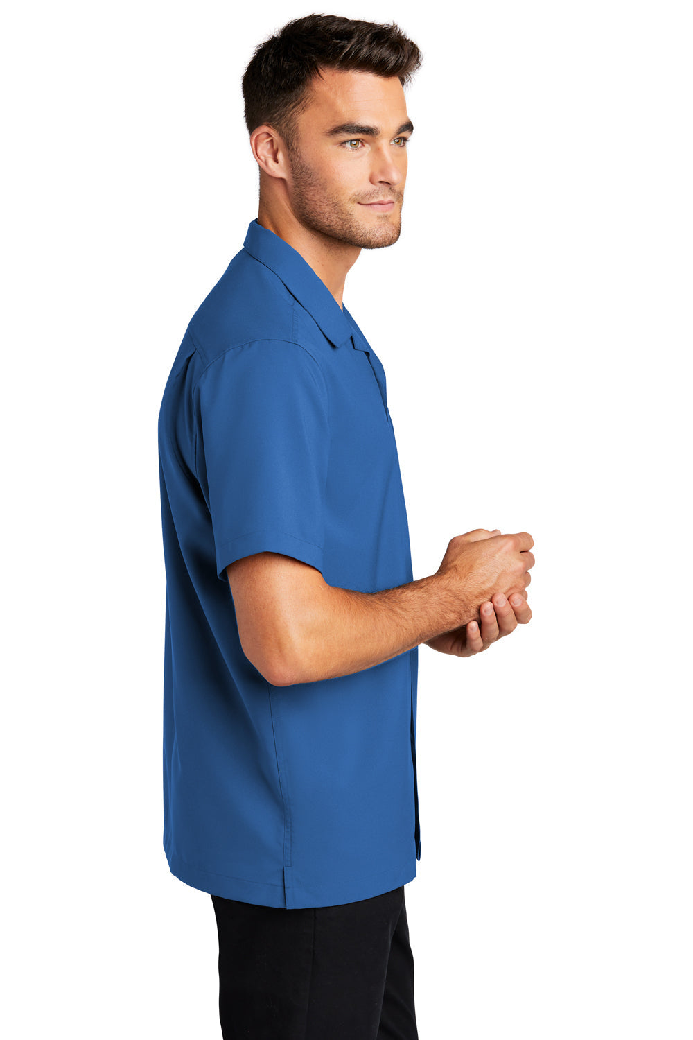 Mens Performance Moisture Wicking Short Sleeve Button Down Camp Shirt w/ Pocket - True Blue