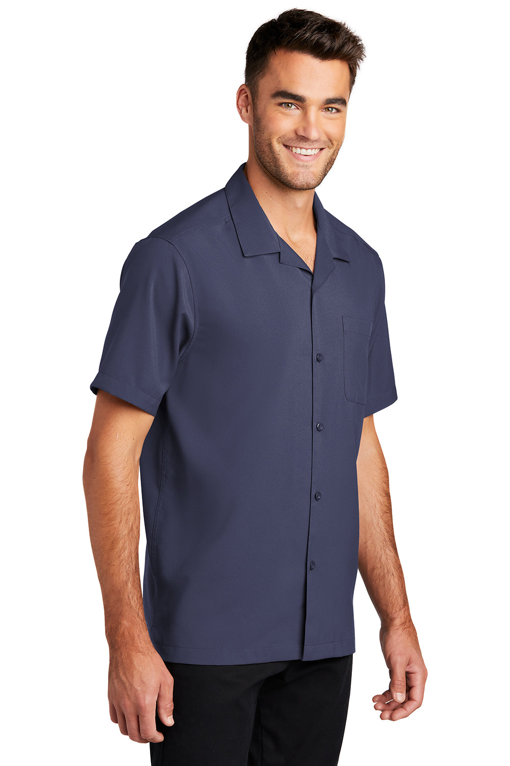 Mens Performance Moisture Wicking Short Sleeve Button Down Camp Shirt w/ Pocket - True Navy Blue