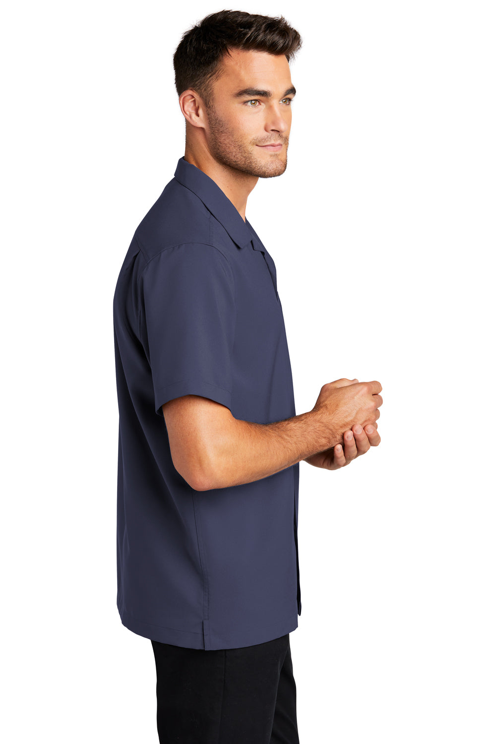 Mens Performance Moisture Wicking Short Sleeve Button Down Camp Shirt w/ Pocket - True Navy Blue