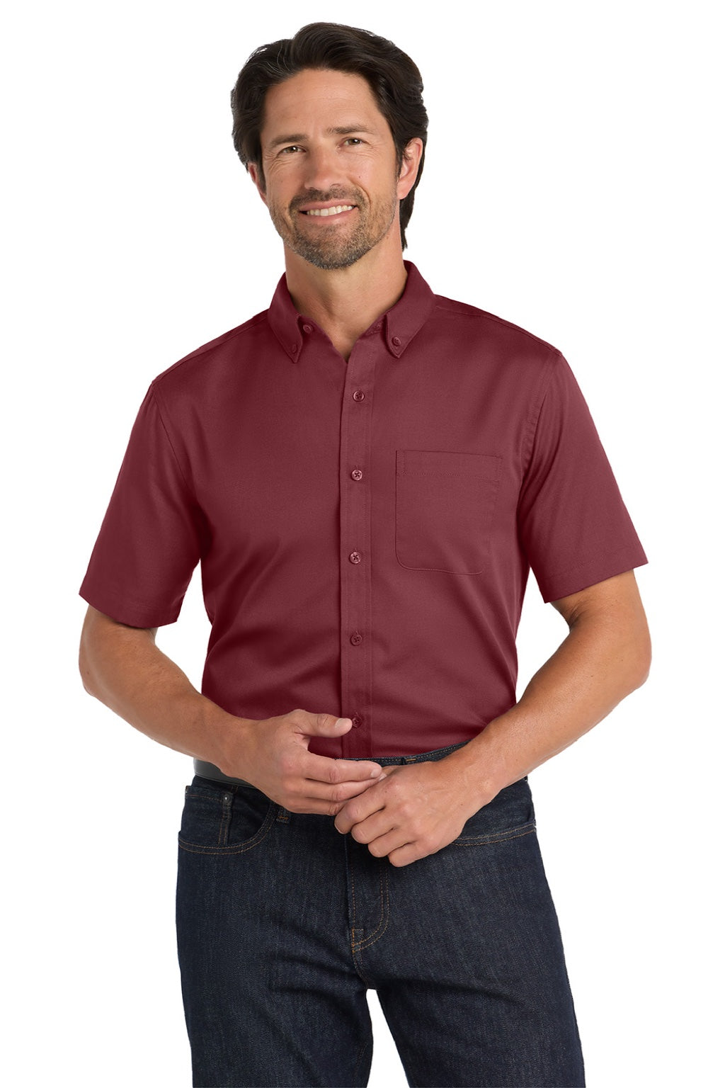 Mens SuperPro Wrinkle Resistant React Short Sleeve Button Down Shirt w/ Pocket - Burgundy