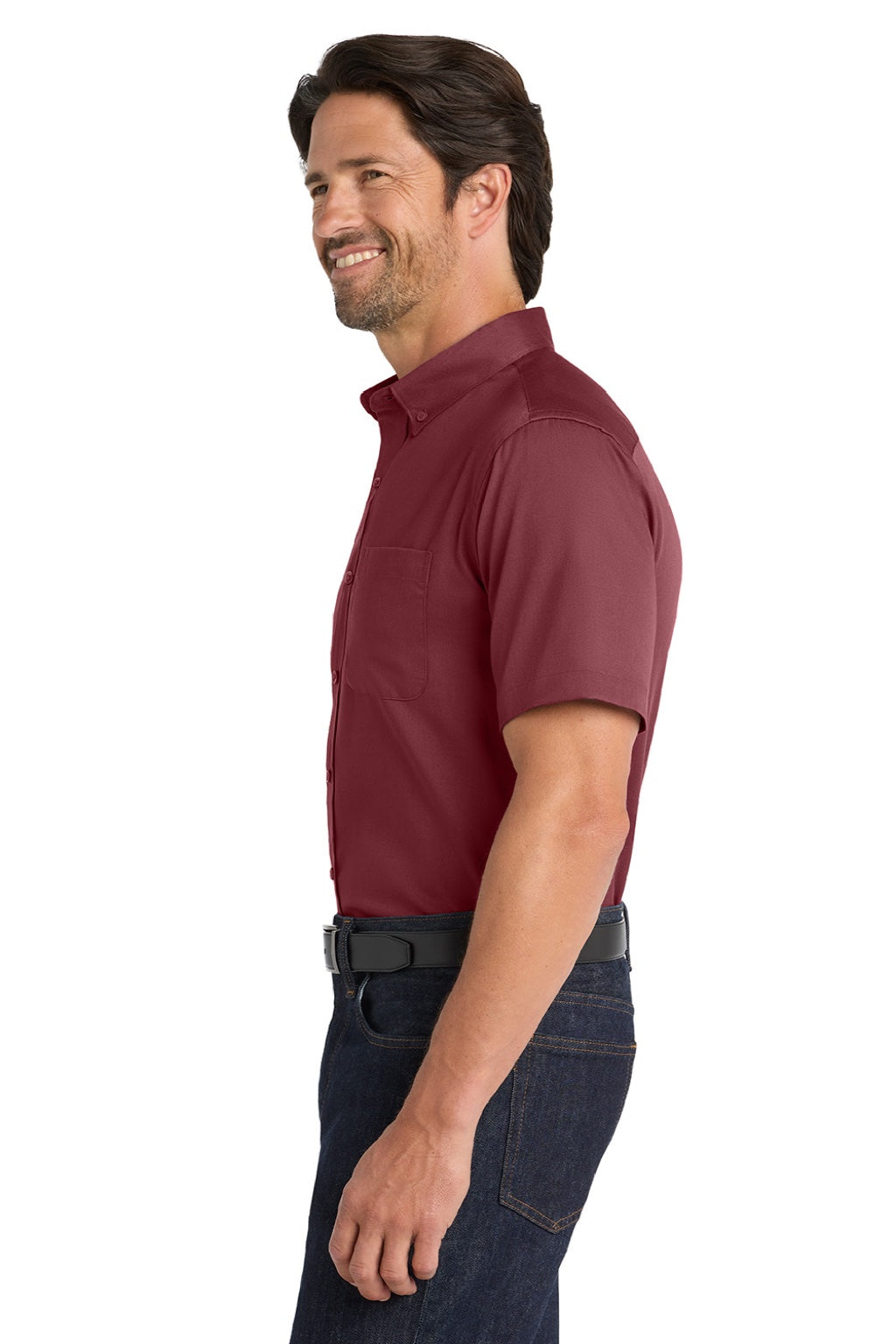 Mens SuperPro Wrinkle Resistant React Short Sleeve Button Down Shirt w/ Pocket - Burgundy
