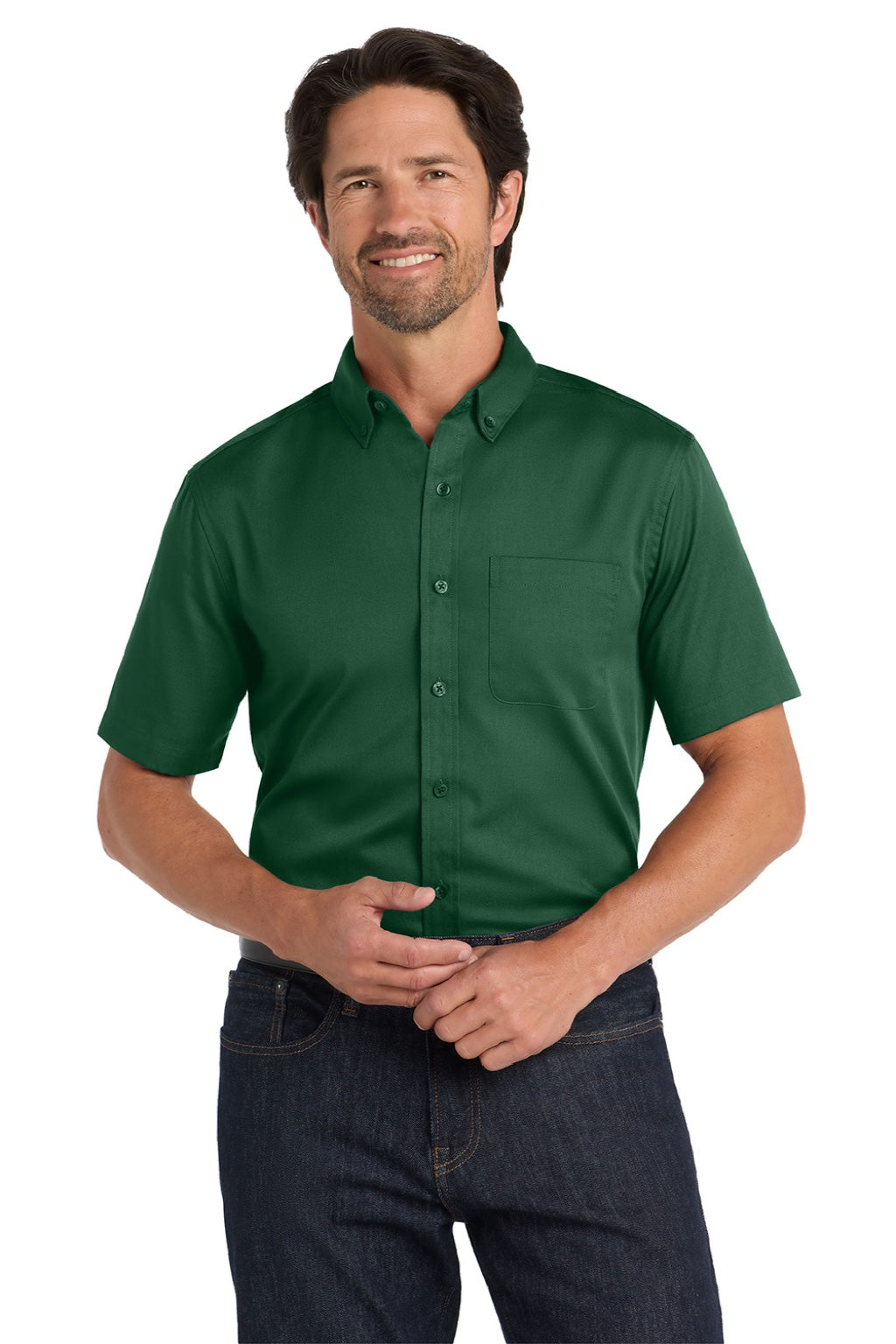 Mens SuperPro Wrinkle Resistant React Short Sleeve Button Down Shirt w/ Pocket - Dark Green