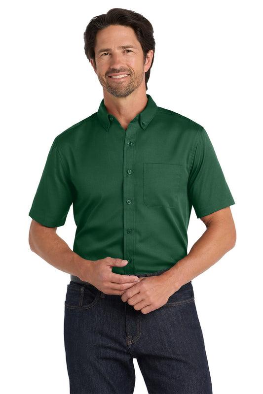 Mens SuperPro Wrinkle Resistant React Short Sleeve Button Down Shirt w/ Pocket - Dark Green