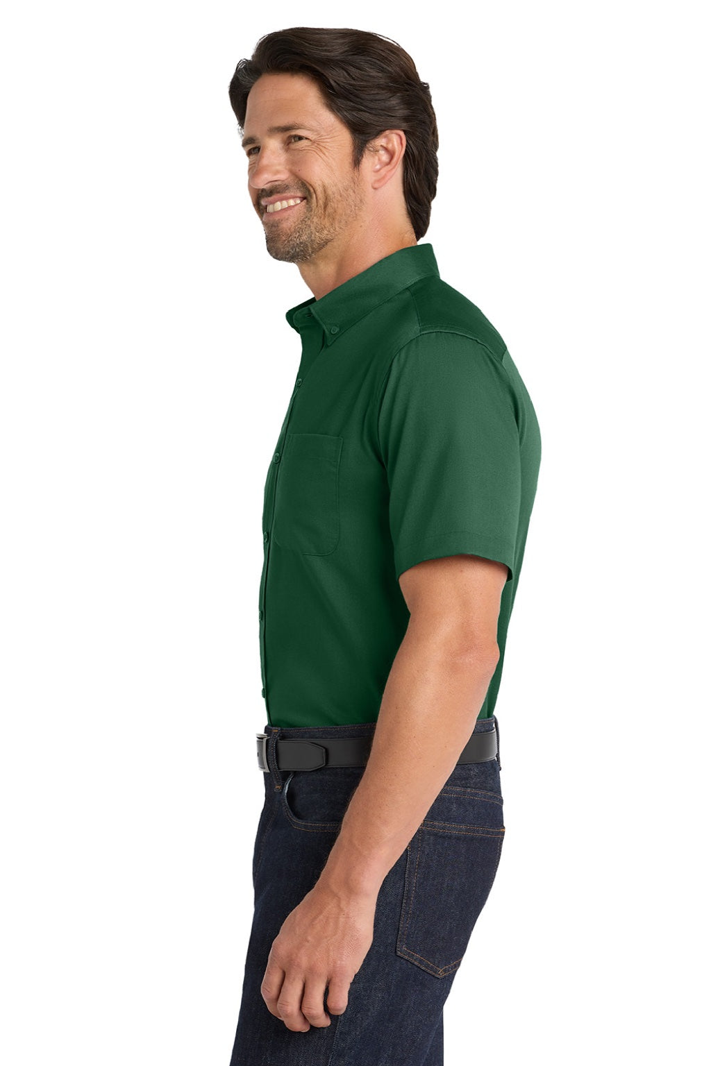 Mens SuperPro Wrinkle Resistant React Short Sleeve Button Down Shirt w/ Pocket - Dark Green