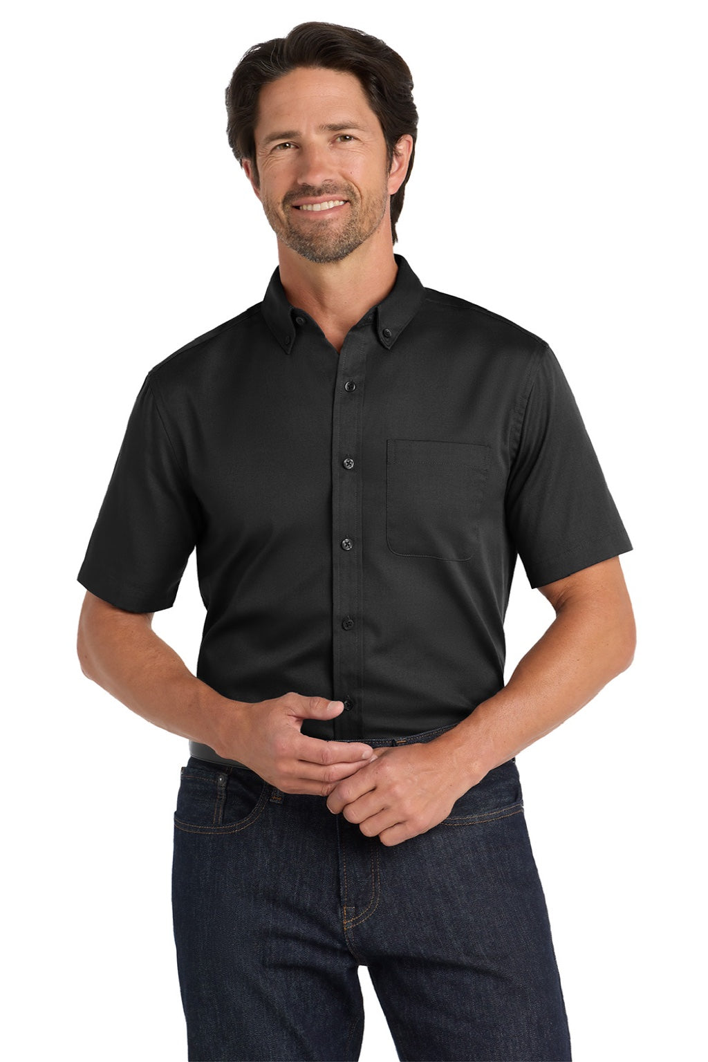 Mens SuperPro Wrinkle Resistant React Short Sleeve Button Down Shirt w/ Pocket - Deep Black