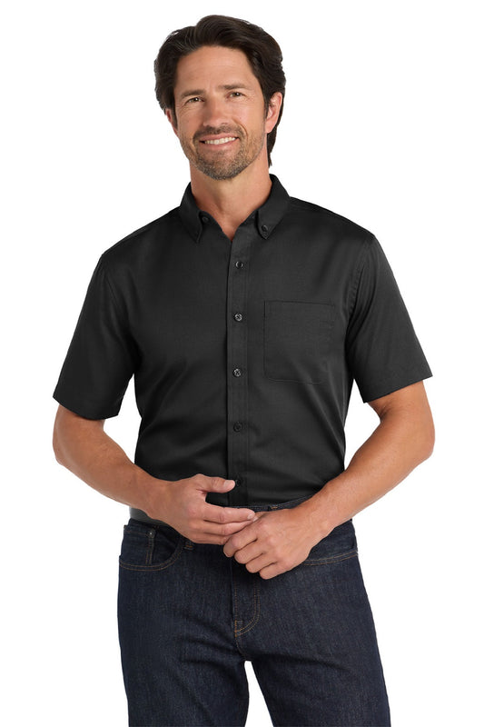 Mens SuperPro Wrinkle Resistant React Short Sleeve Button Down Shirt w/ Pocket - Deep Black