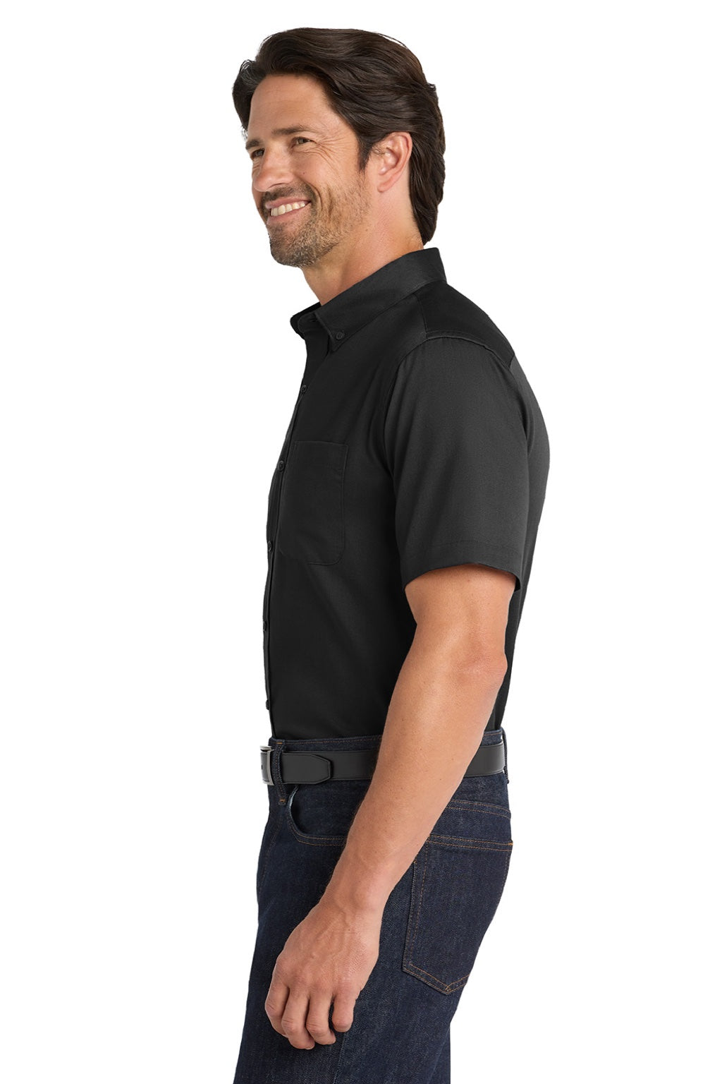 Mens SuperPro Wrinkle Resistant React Short Sleeve Button Down Shirt w/ Pocket - Deep Black