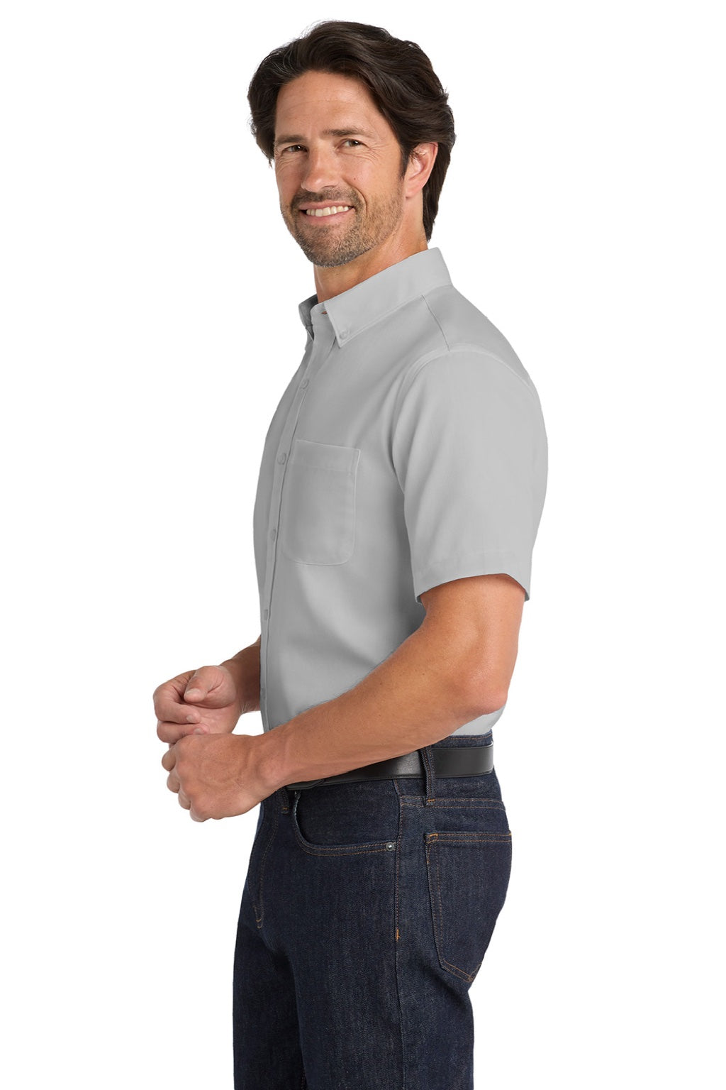 Mens SuperPro Wrinkle Resistant React Short Sleeve Button Down Shirt w/ Pocket - Gusty Grey