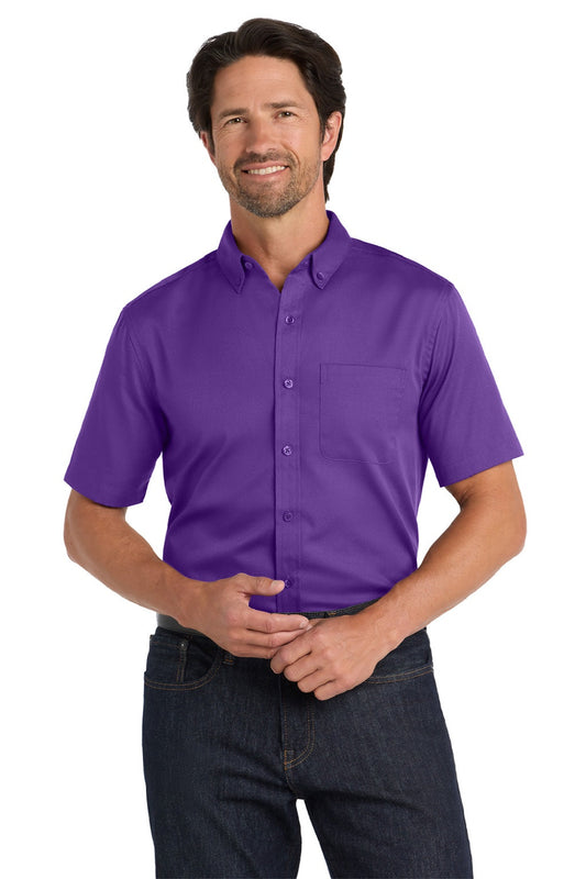 Mens SuperPro Wrinkle Resistant React Short Sleeve Button Down Shirt w/ Pocket - Purple