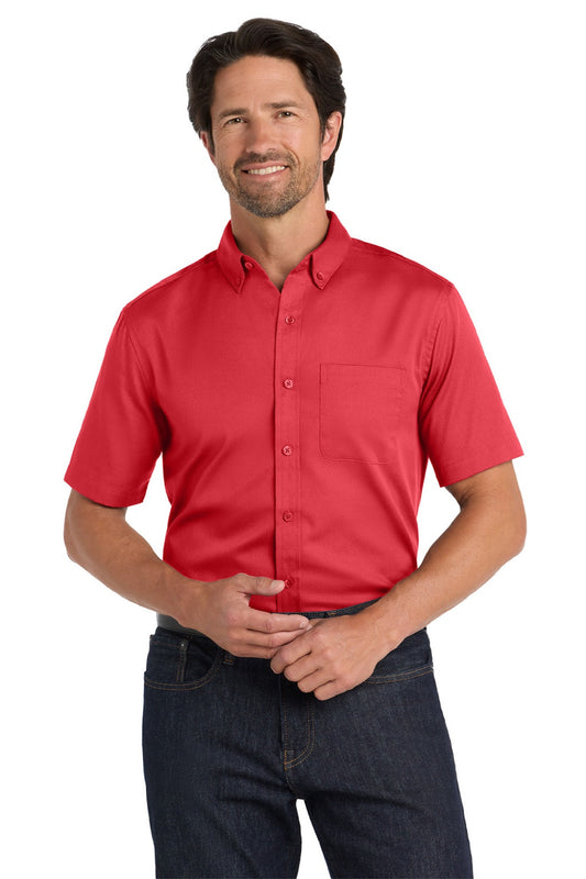 Mens SuperPro Wrinkle Resistant React Short Sleeve Button Down Shirt w/ Pocket - Rich Red