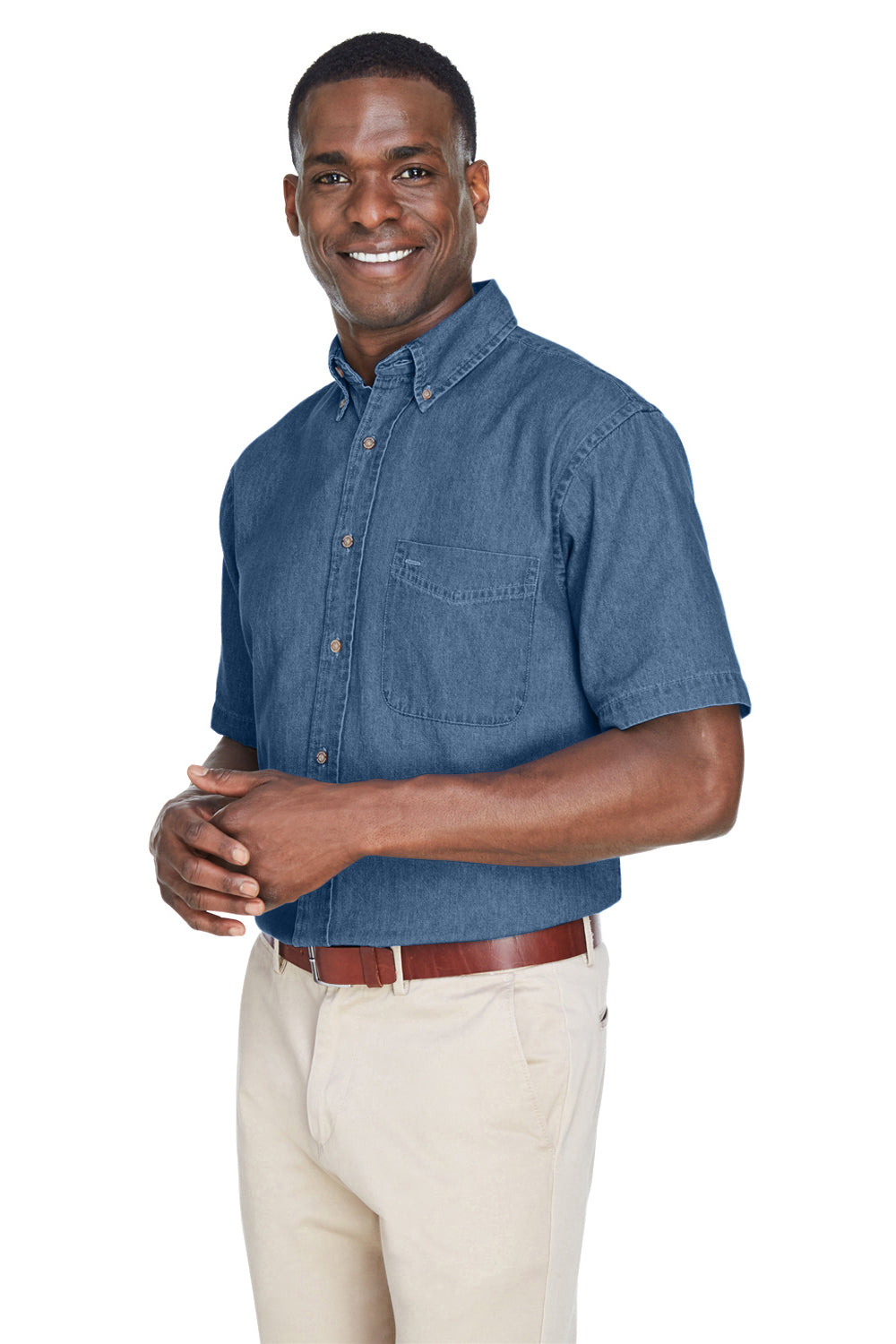 Mens Denim Short Sleeve Button Down Shirt w/ Pocket - Light Denim