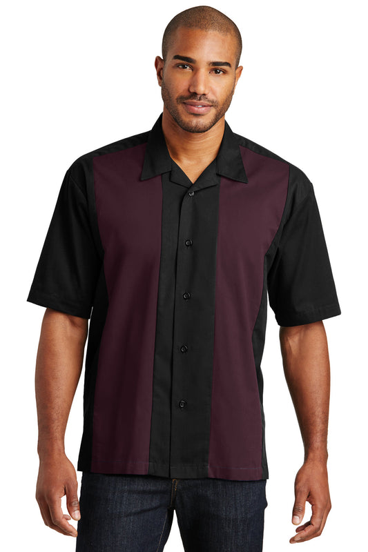 Mens Retro Easy Care Wrinkle Resistant Short Sleeve Button Down Camp Shirt - Black/Burgundy - Closeout